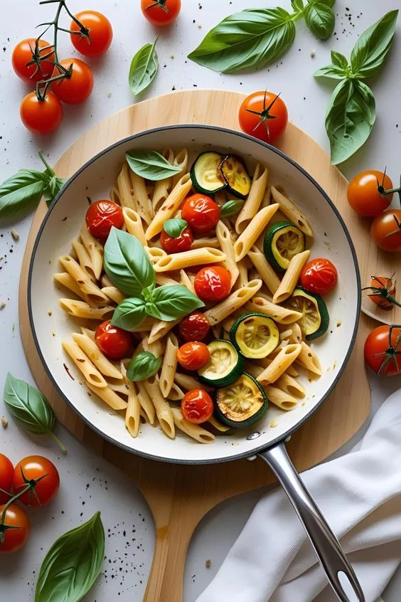 Schnelle Sommer-Pfannen-Pasta mit Kirschtomaten & Basilikum