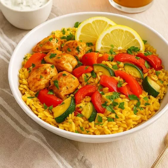 Schnelles Reisgericht für Sommerabende: Mediterraner Reis mit Gemüse & Hähnchen